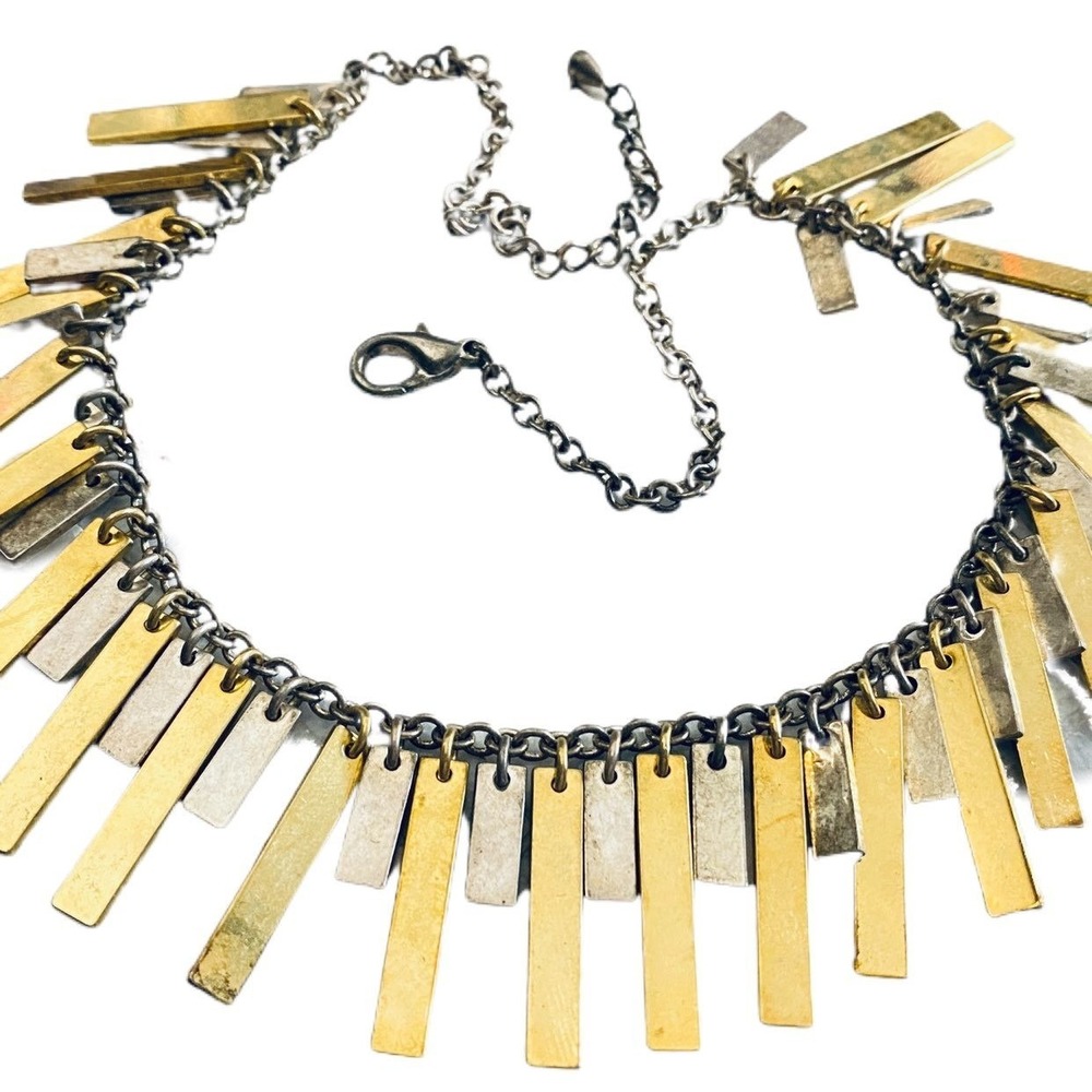 Modernist two‎ toned gold silver rectangle dangle bib necklace